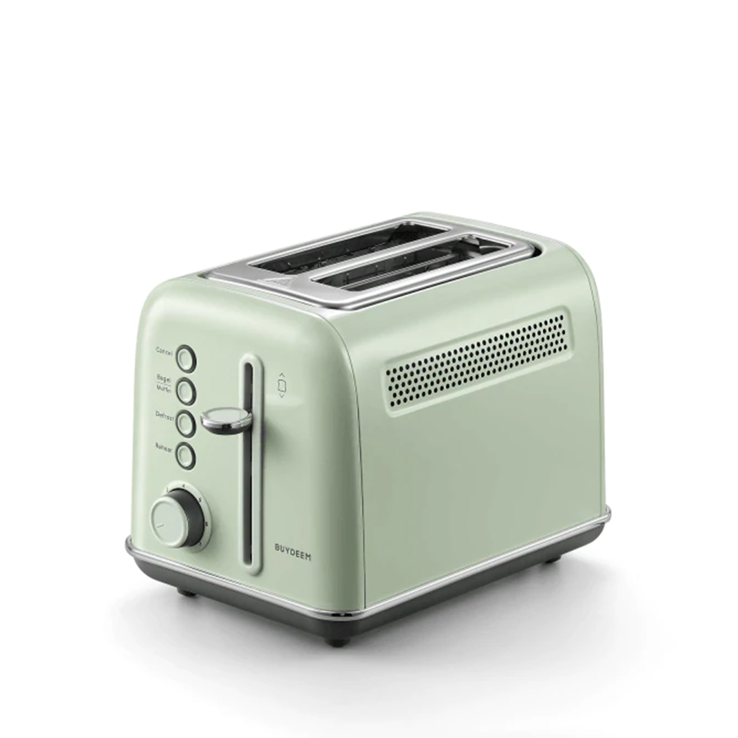 Zielony toster z chromowanymi akcentami, z przyciskami i pokrętłem na białym tle.