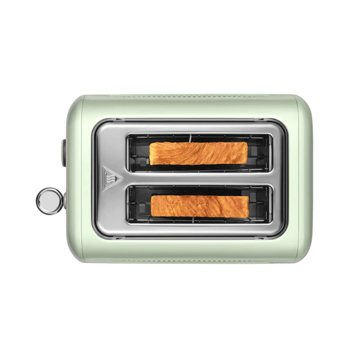 Zielony toster z dwoma kromkami tostowanego chleba w środku, widok z góry.