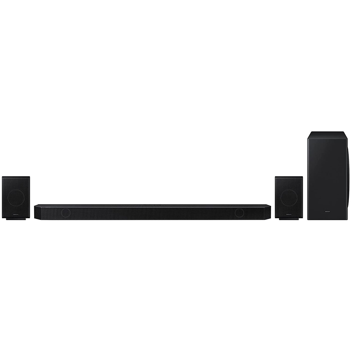 Schwarze Soundbar mit zwei Lautsprechern und einem Subwoofer. Alle Artikel sind weiß.
