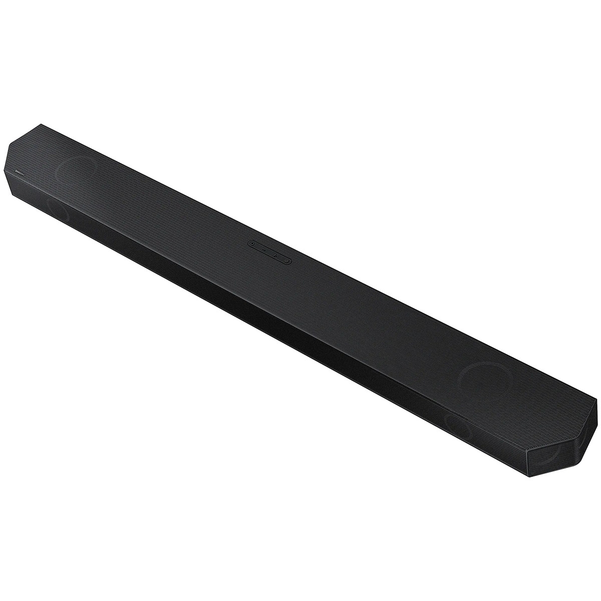 Schwarze Soundbar auf weißem Hintergrund. Es ist ein langes, rechteckiges und abgewinkeltes Gerät.