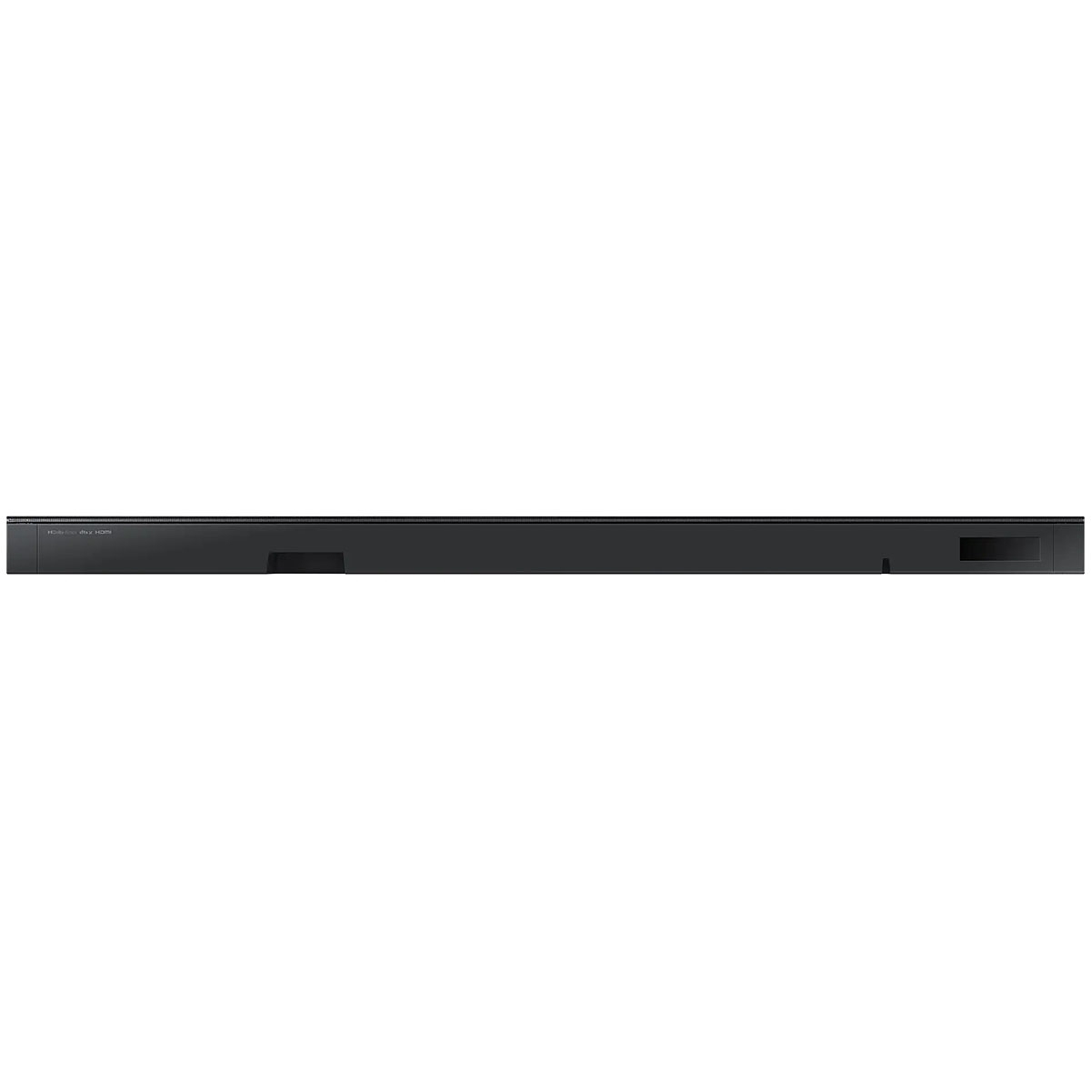 Schwarze Soundbar, schlank und rechteckig, mit schlichtem Design.