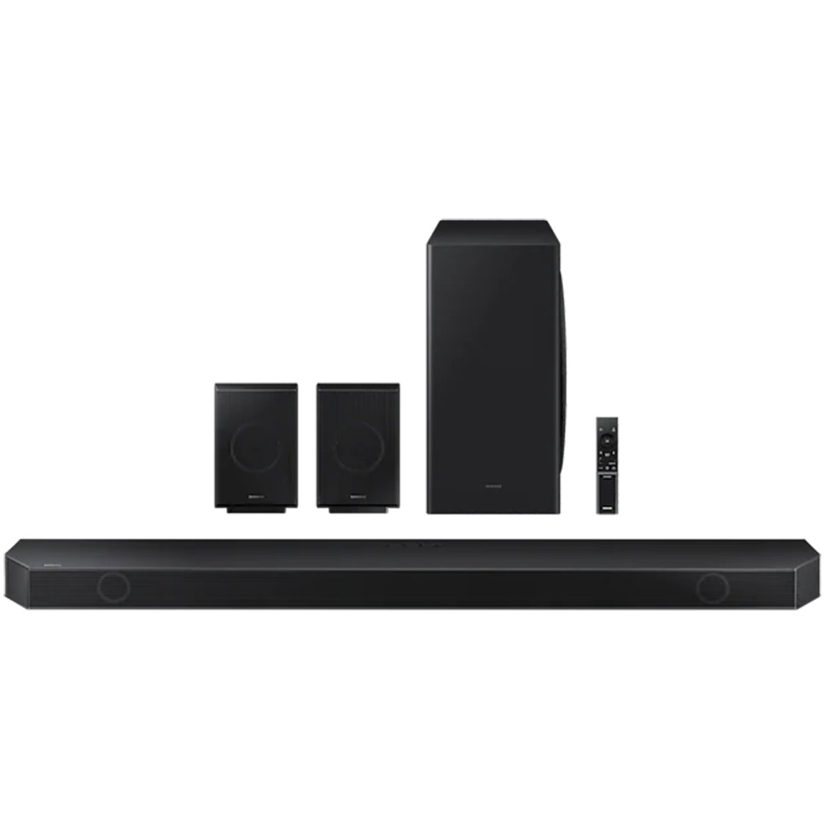 Schwarzes Samsung Soundbar-System mit Subwoofer und Satelliten.