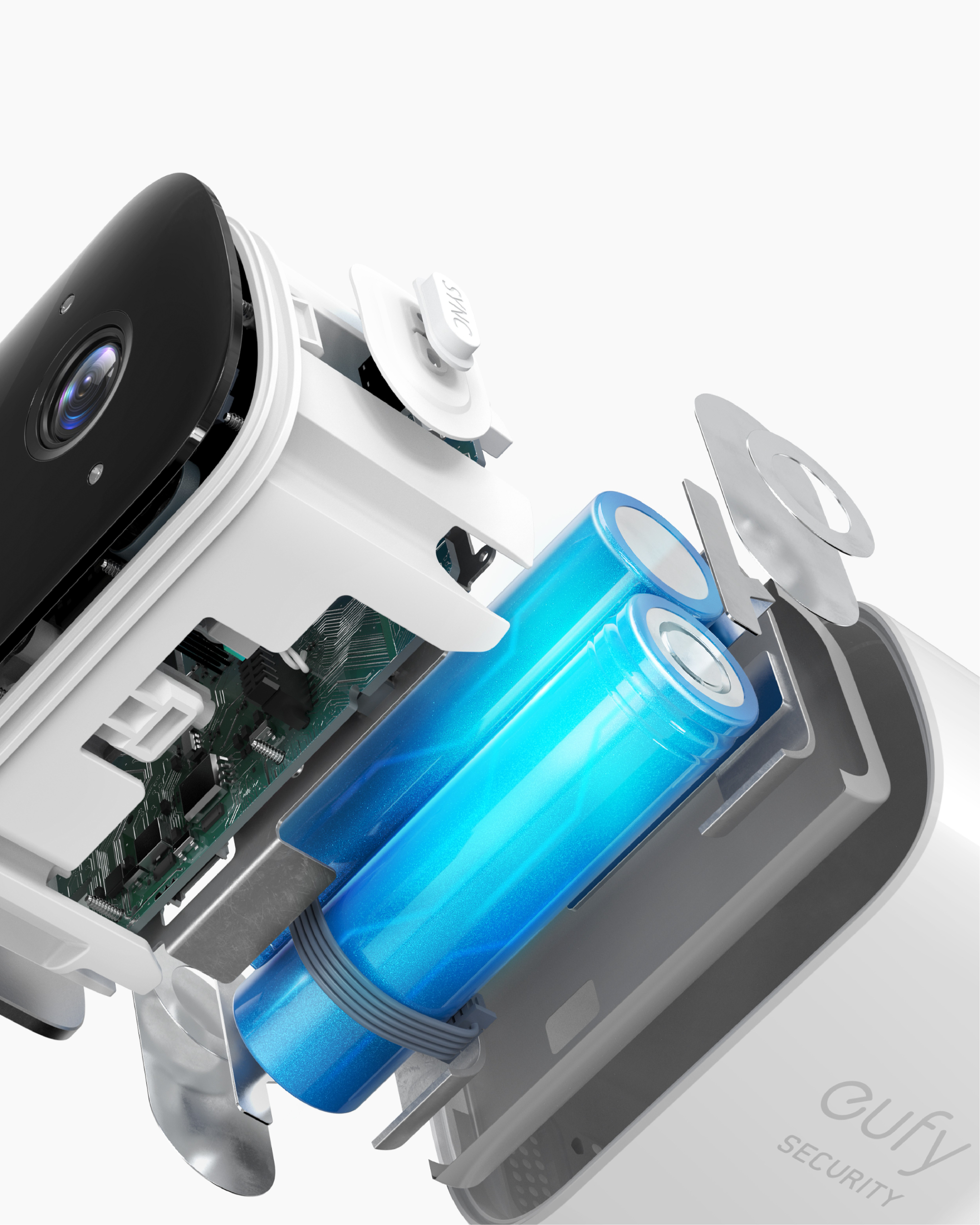Innenansicht einer Überwachungskamera, die Batterien und interne Komponenten zeigt.