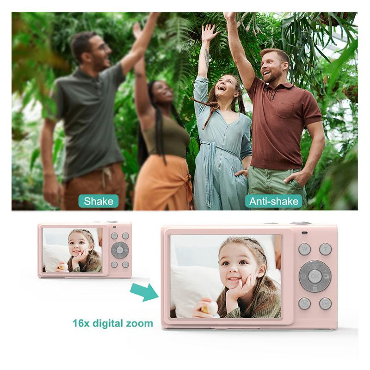 Różowy aparat cyfrowy pokazujący zdjęcie dziewczynki. Wyświetlana jest funkcja zoomu.