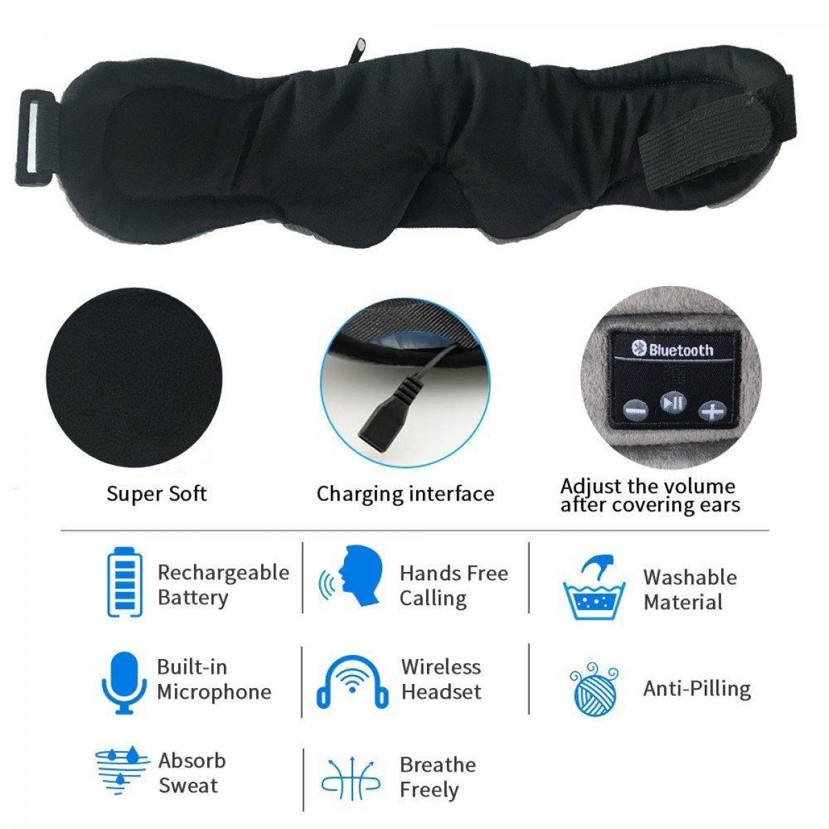 Schwarz schwarz, Over-ear Kopfhörern Bluetooth Schlafmaske 5.0 Kopfhörer mit integrierten Bluetooth INF