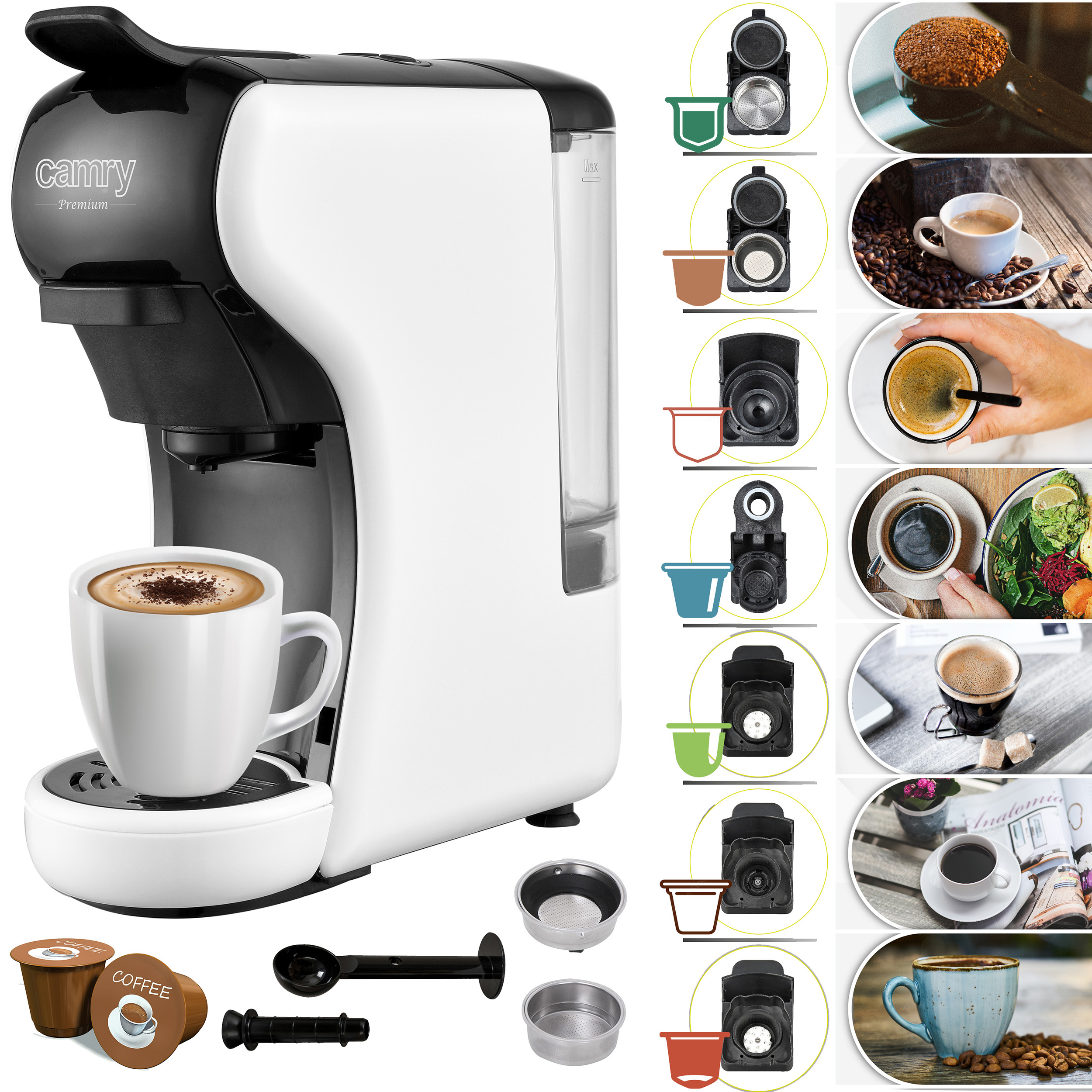 Weiß-schwarze Kaffeemaschine mit einer Tasse Kaffee auf dem Sockel, mit Zubehör und Kaffeepads.