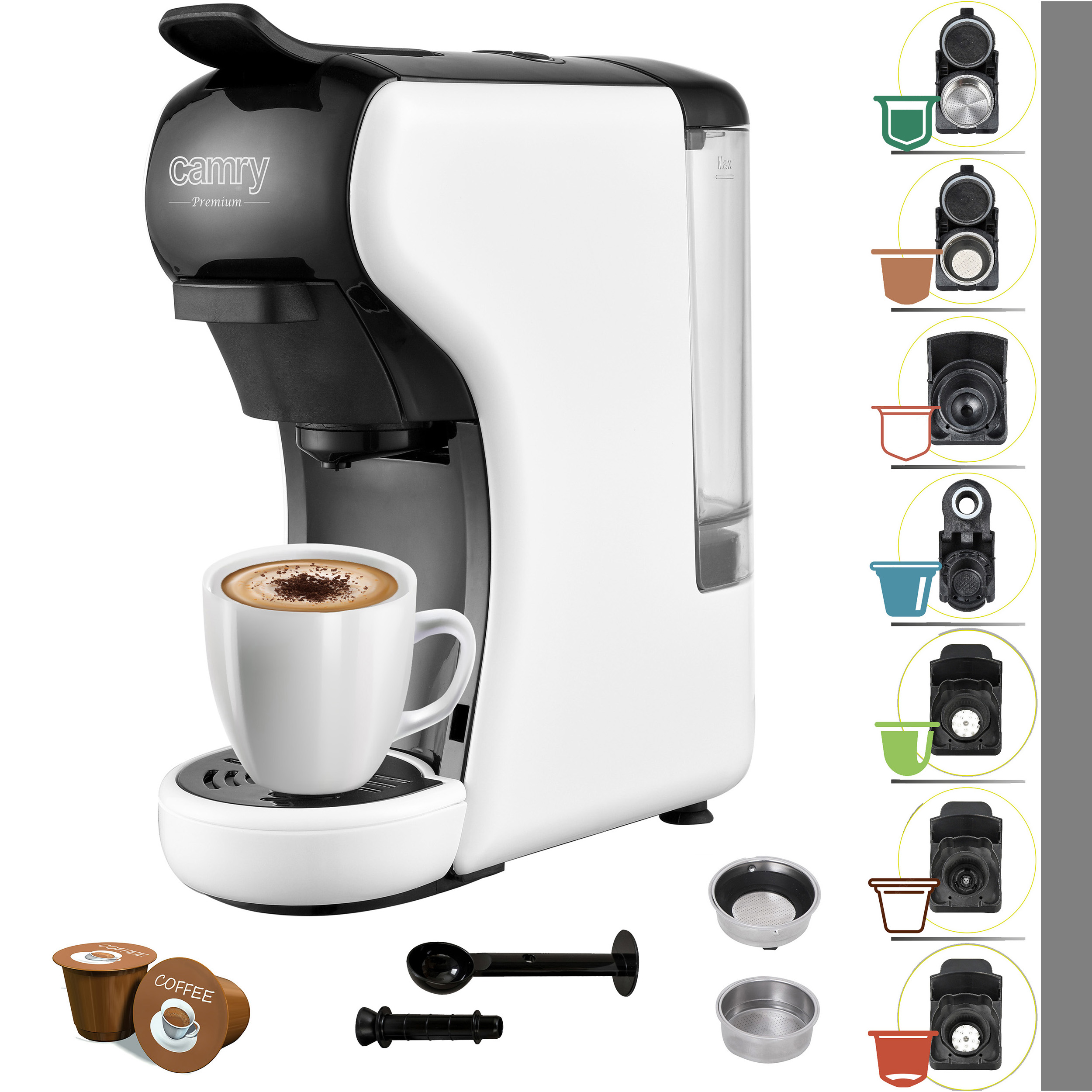 Weiß-schwarze Cammy Kaffeemaschine mit einer Tasse Kaffee und Kaffeepads.