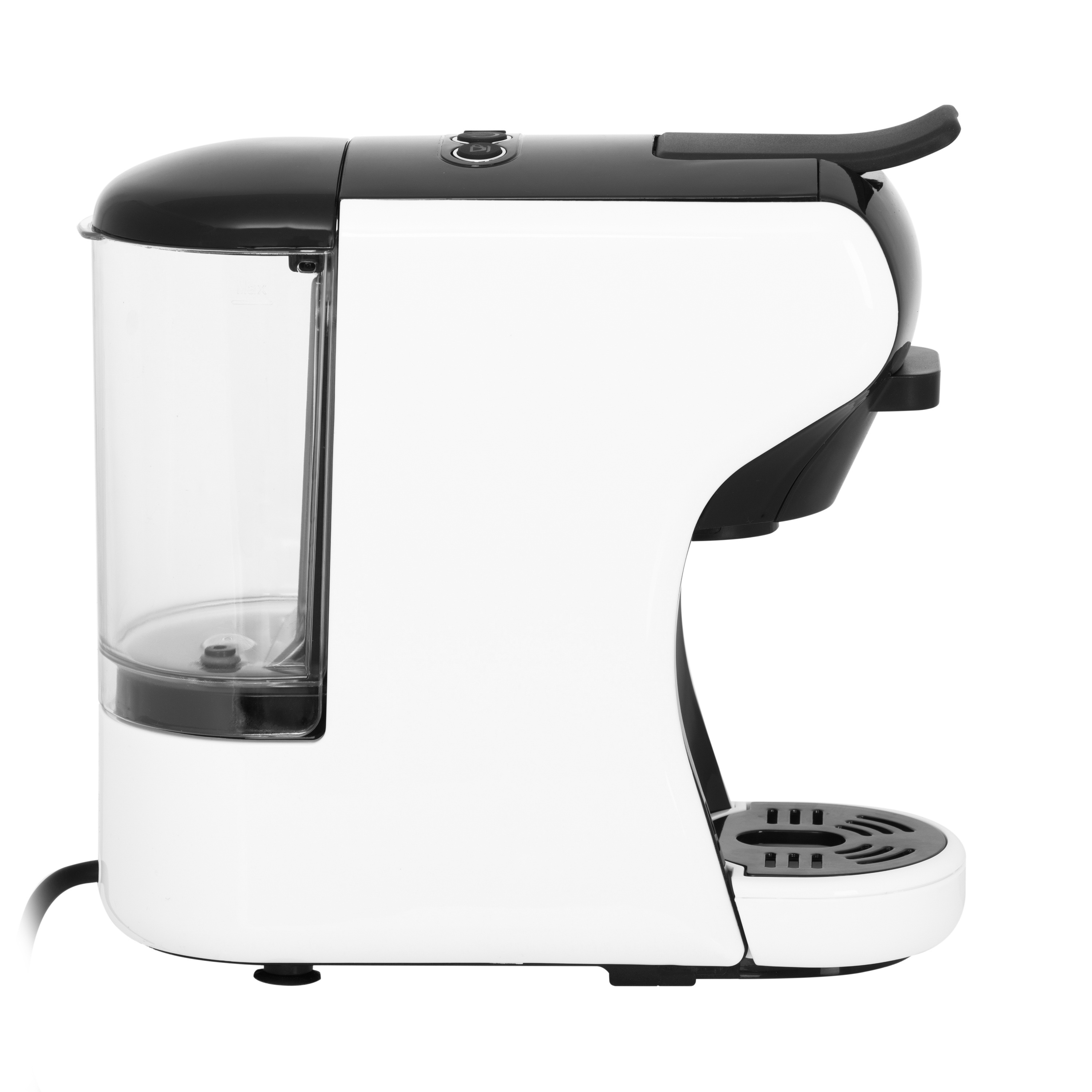 Weiß-schwarze Kaffeemaschine. Klarer Wassertank auf der linken Seite.