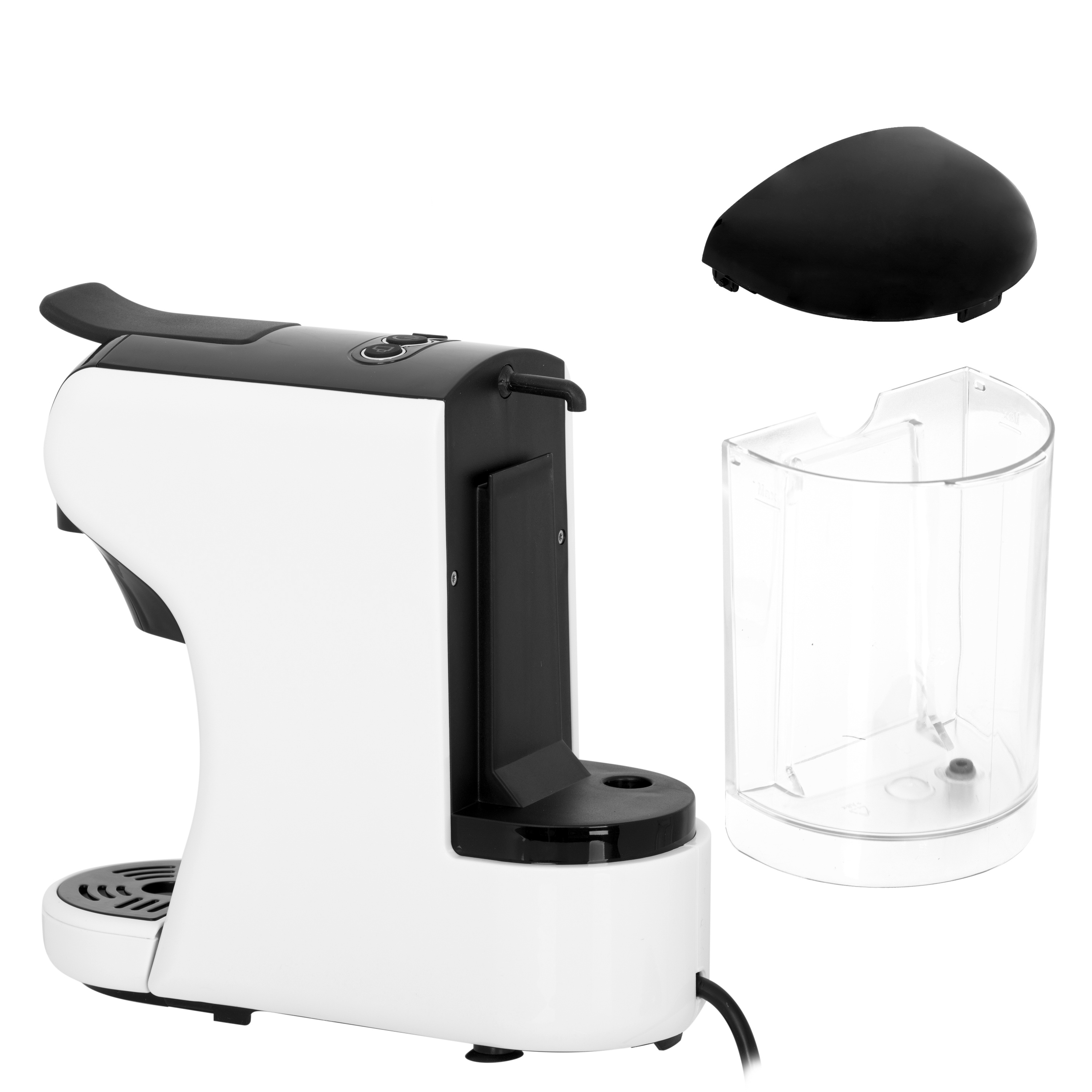 Weiße und schwarze Kaffeemaschine mit abgetrenntem Wassertank und Deckel.
