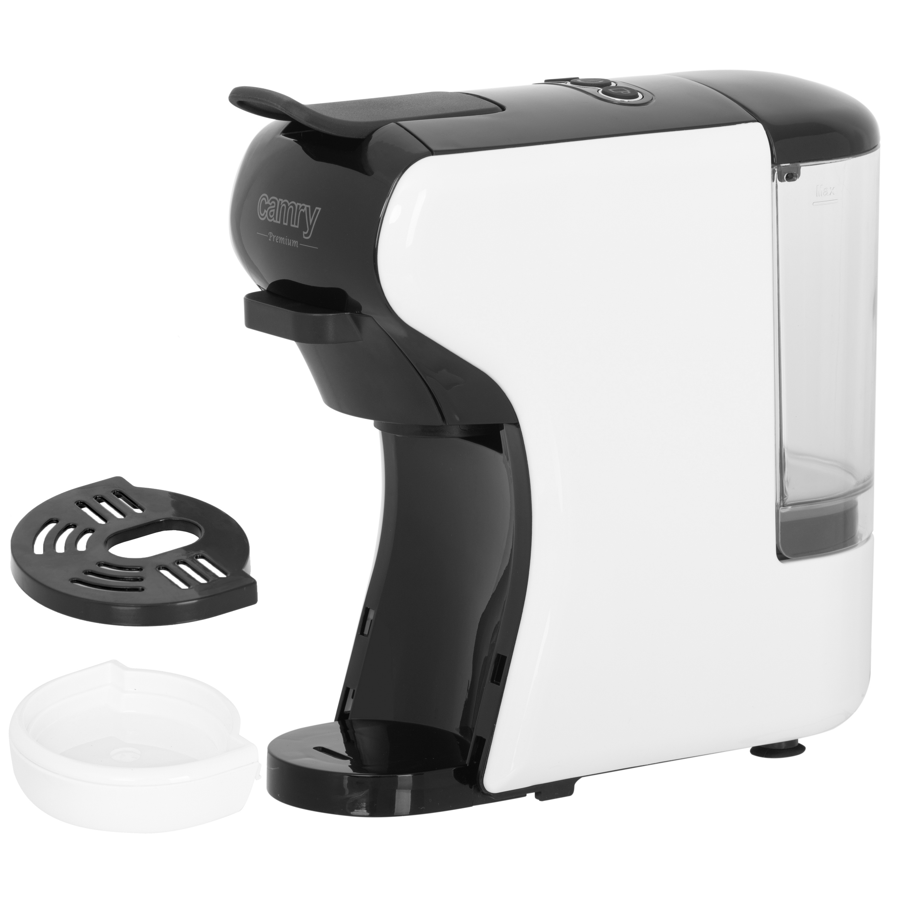 Weiß-schwarze Kaffeemaschine mit abnehmbaren Teilen. Marke Camry Premium, inklusive Tablett und Behälter.