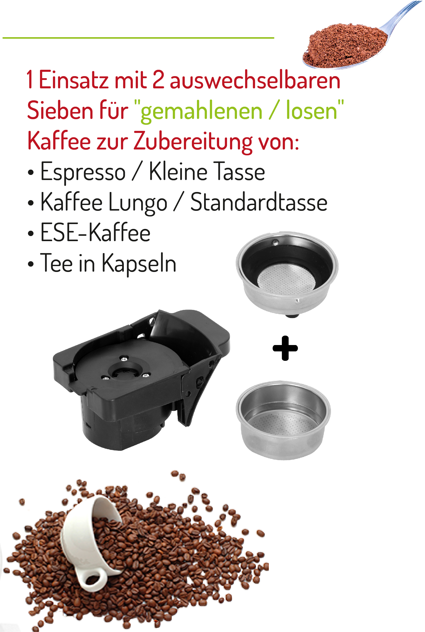 Kaffeemaschinenkomponenten, Kaffeebohnen und Kaffeepulver in einem Löffel.