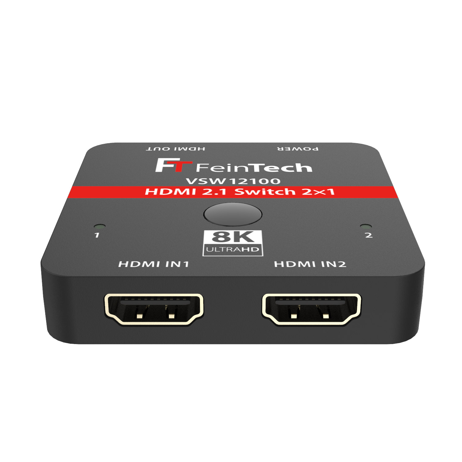 Schwarzer HDMI-Switch mit rotem Streifen und Anschlüssen mit der Bezeichnung HDMI IN und OUT. Mit 8K Ultra HD.