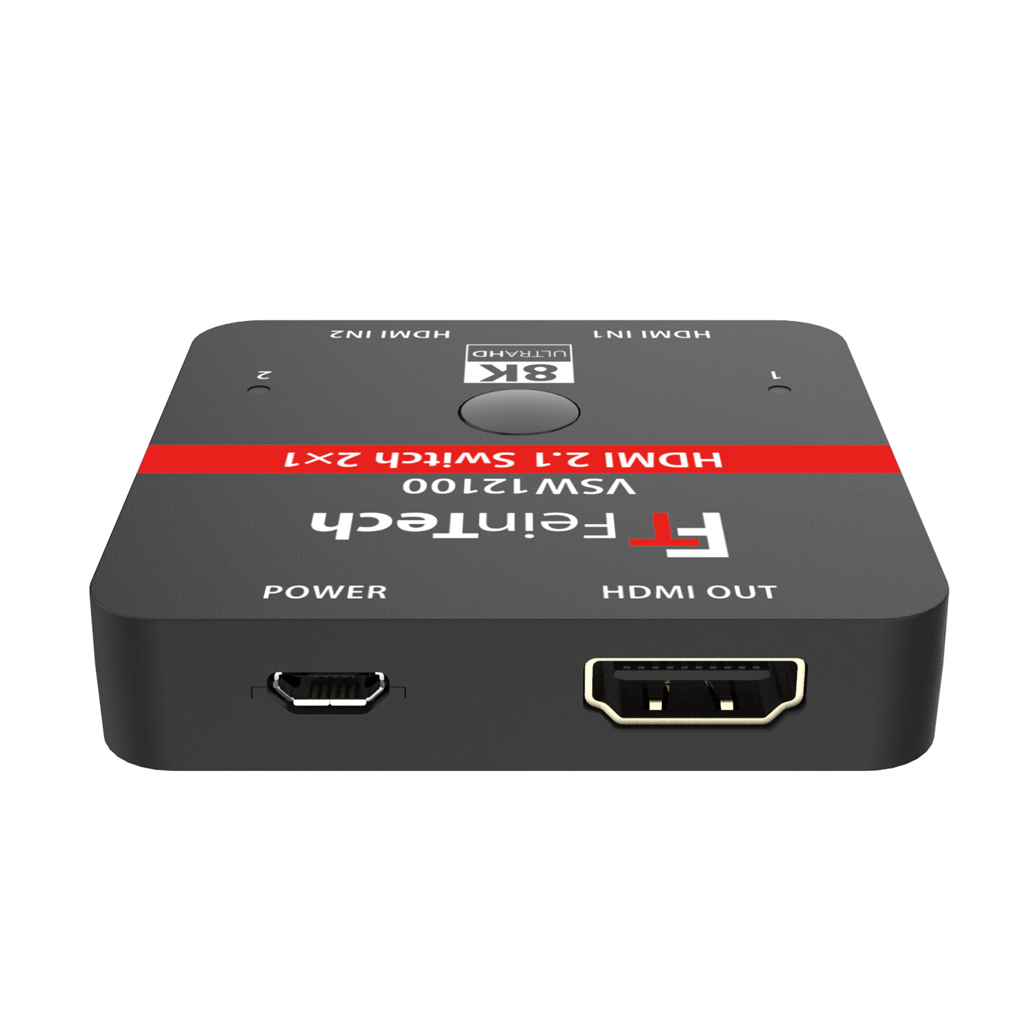 Schwarzer HDMI-Switch mit roten Streifen und Beschriftungen auf weißem Hintergrund.