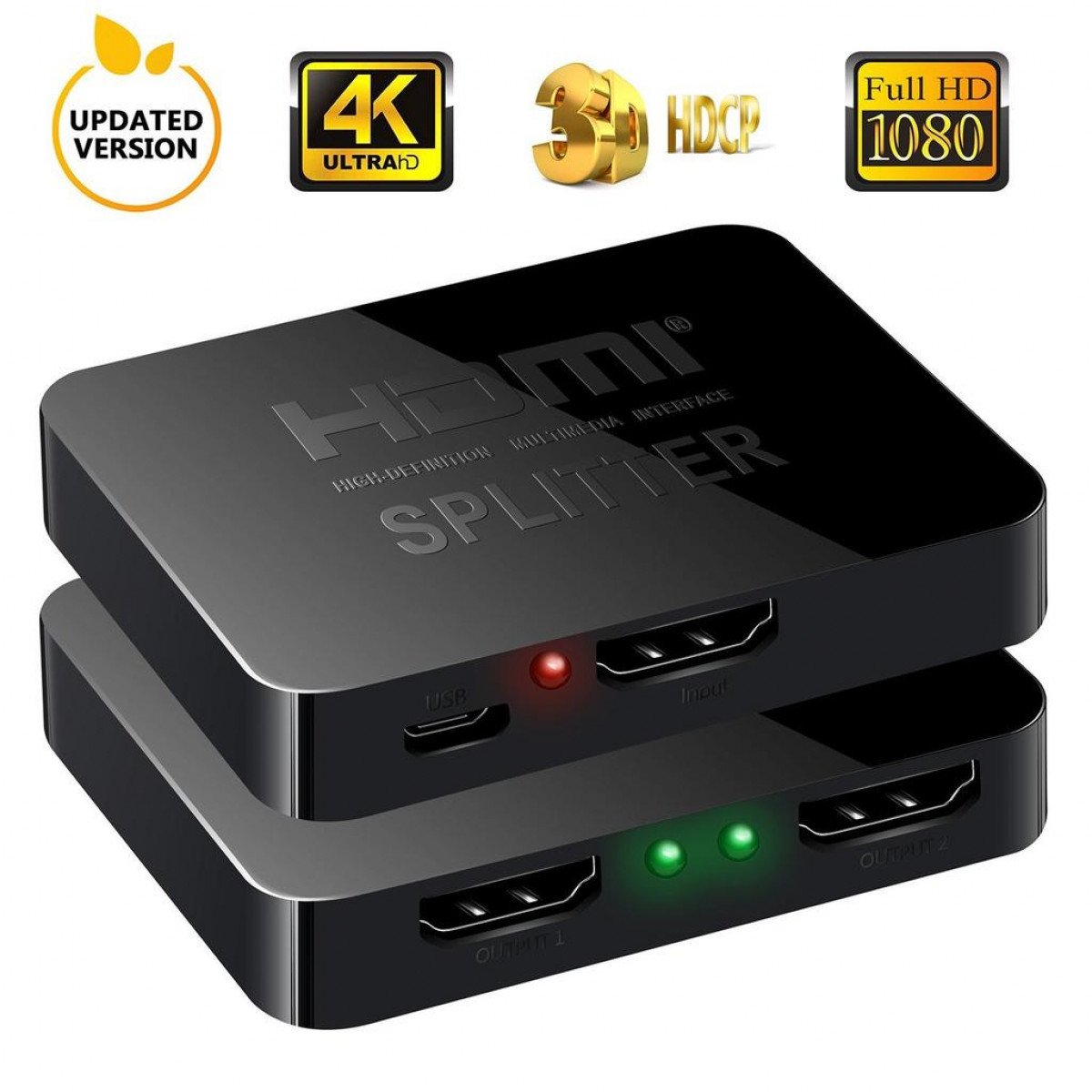 HDMI-Splitter, schwarz, mit Symbolen. Rote und grüne Lichter. Weißer Hintergrund.