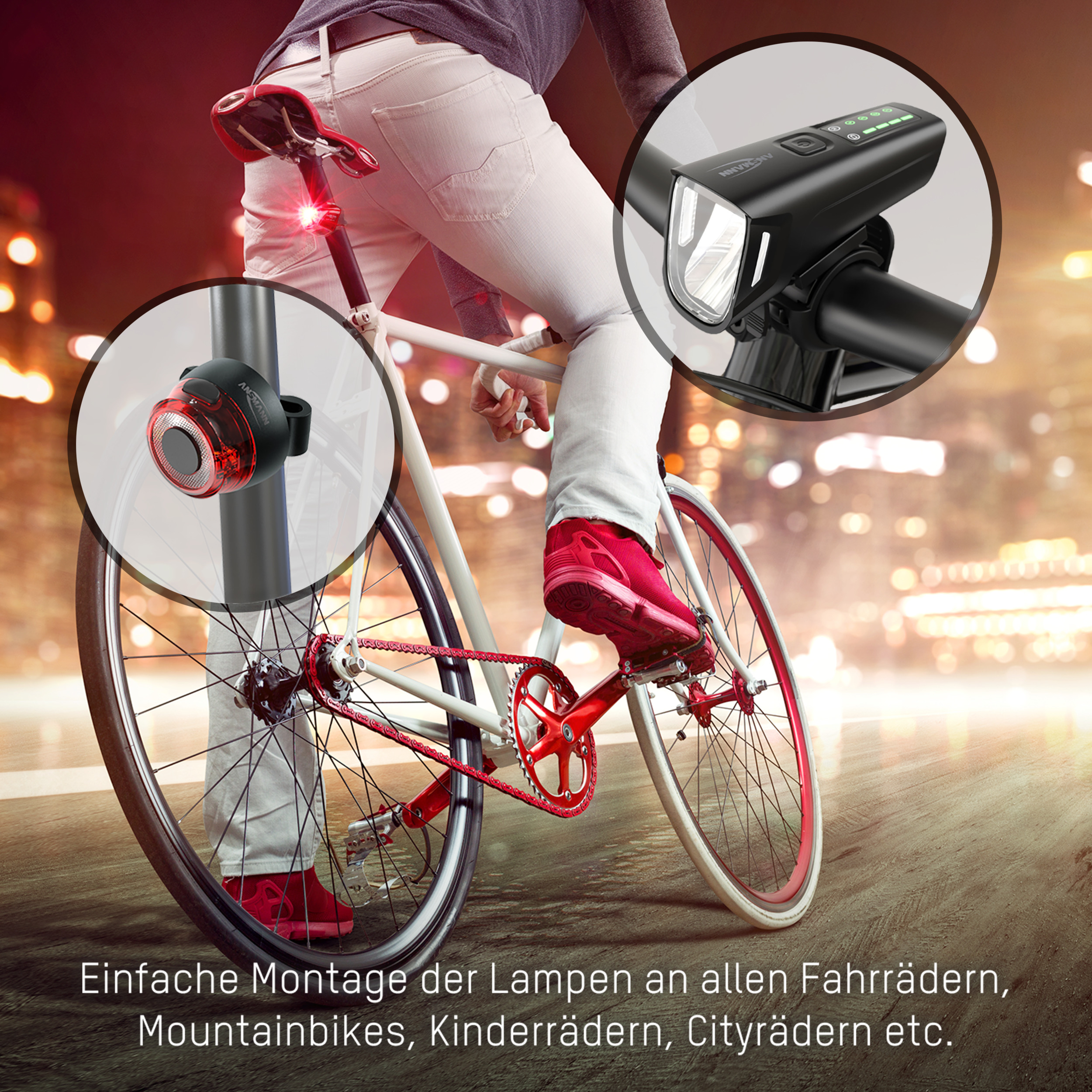 Ein Fahrrad mit Lichtern. Ein rotes Licht am Hinterrad. Ein schwarzes Licht am vorderen Lenker.