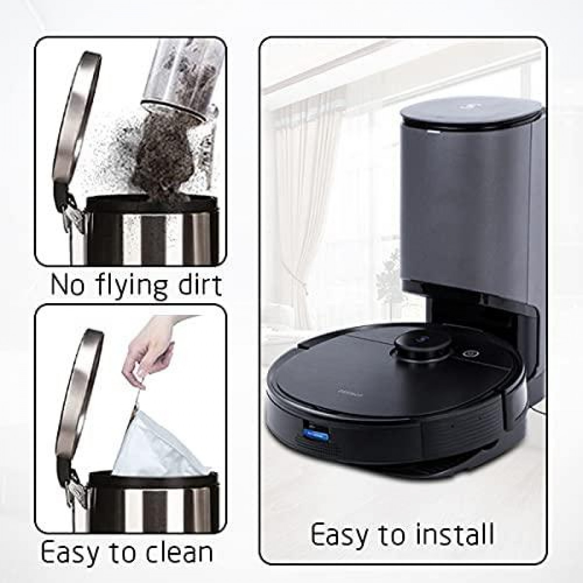 Robot aspirateur avec vidage du bac à poussière et remplacement du sac, avec texte "Easy to install".