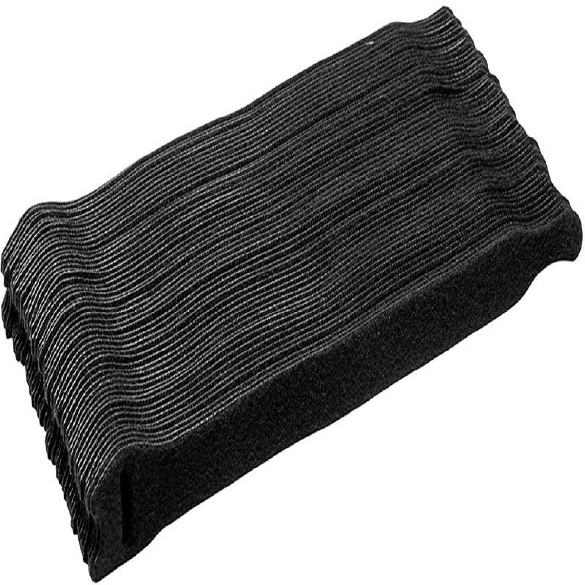 A stack of black, ribbed fabric hairbands arranged on a white surface.