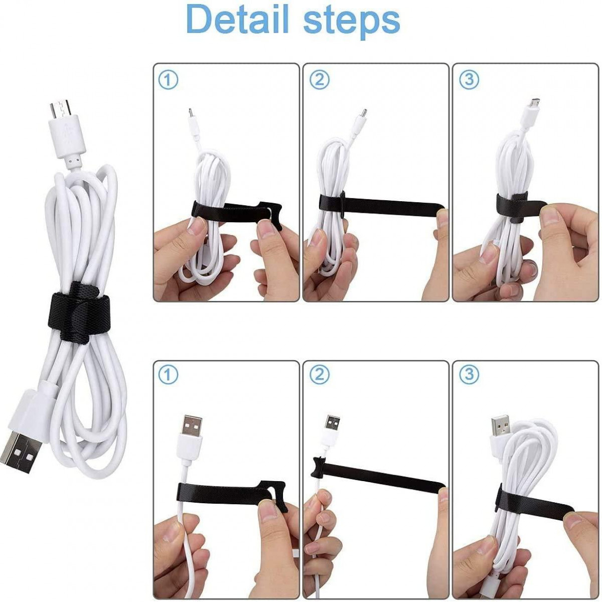 Step-by-step instruction for tying a cable with a velcro tie. The steps are numbered and illustrated.