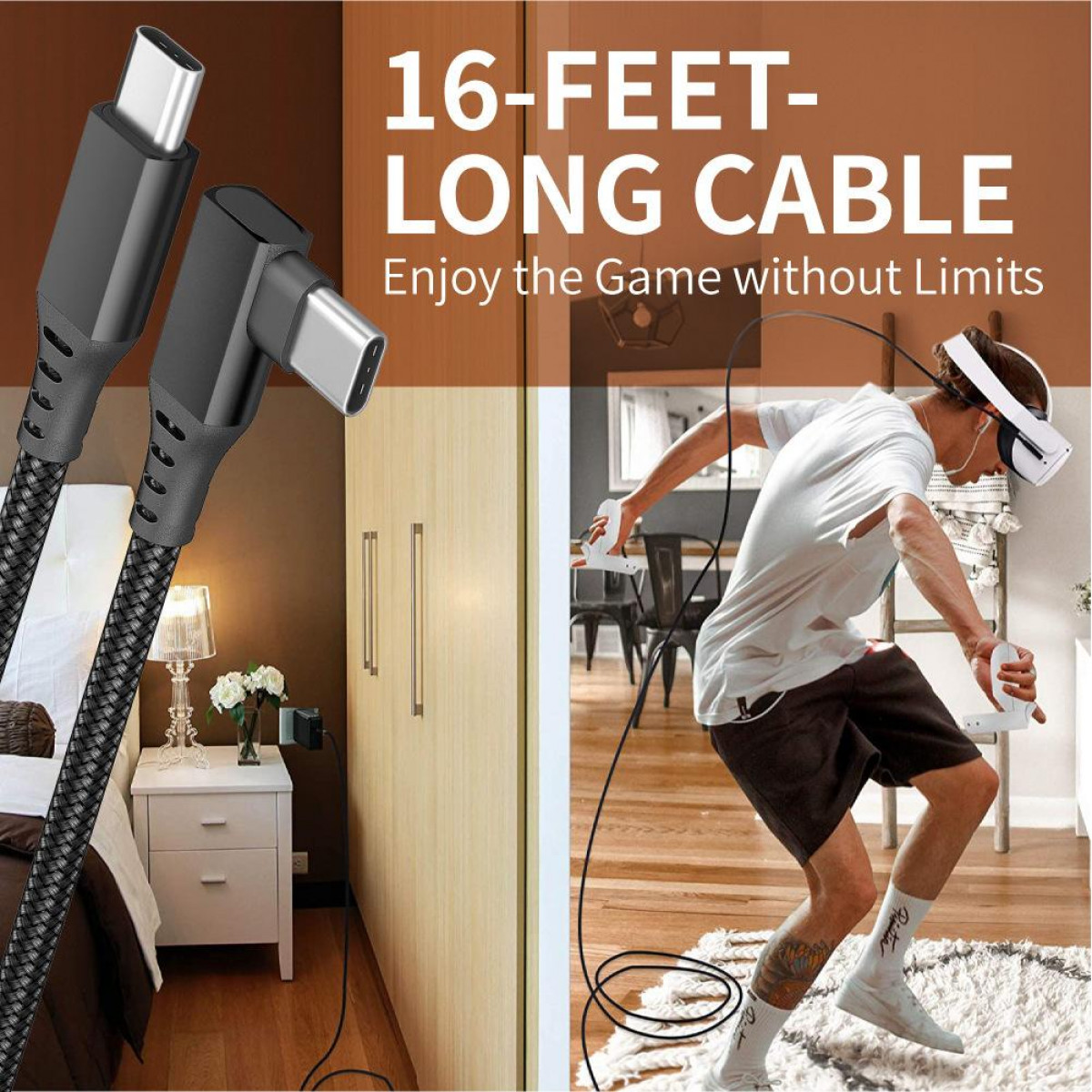 Czarne i szare kable USB-C. Mężczyzna ma na sobie okulary VR i trzyma kontroler.