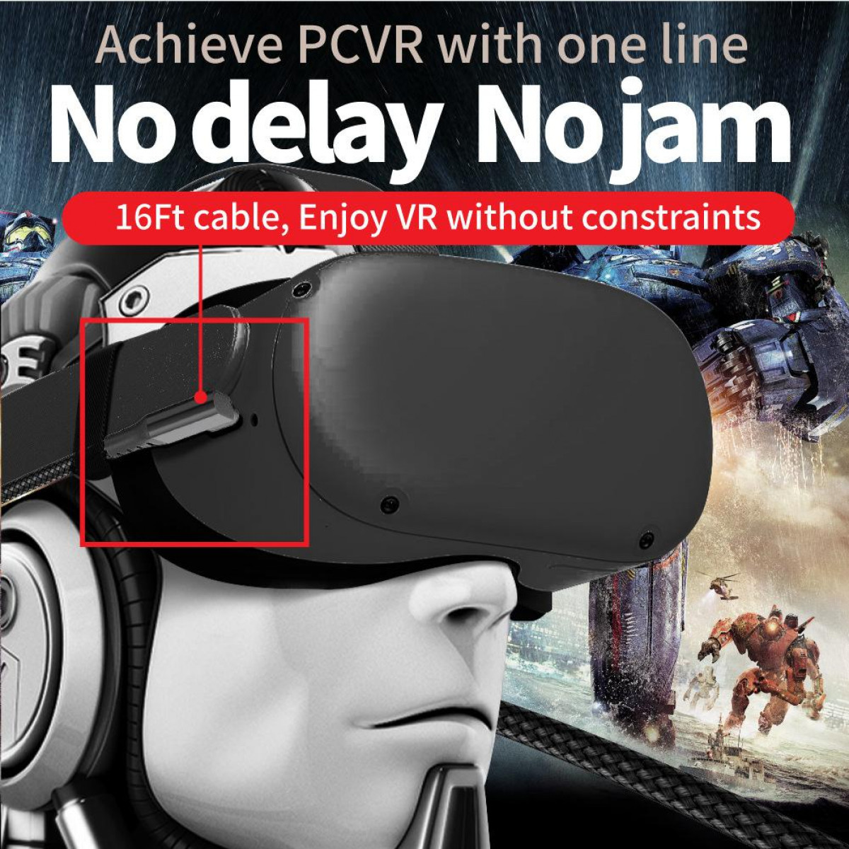 Zestaw słuchawkowy VR z nakładką tekstową: "No delay No jam". Robot i futurystyczna scena w tle.