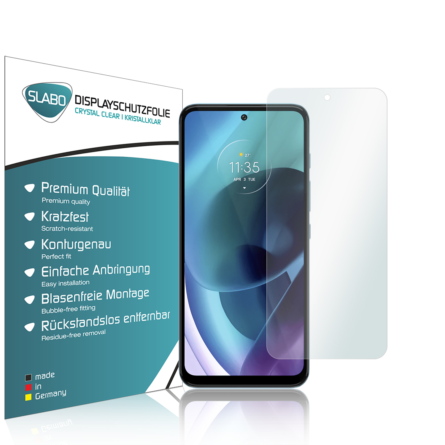 Smartphone mit Displayschutz. Eigenschaften: klares Glas, einfache Installation, etc.