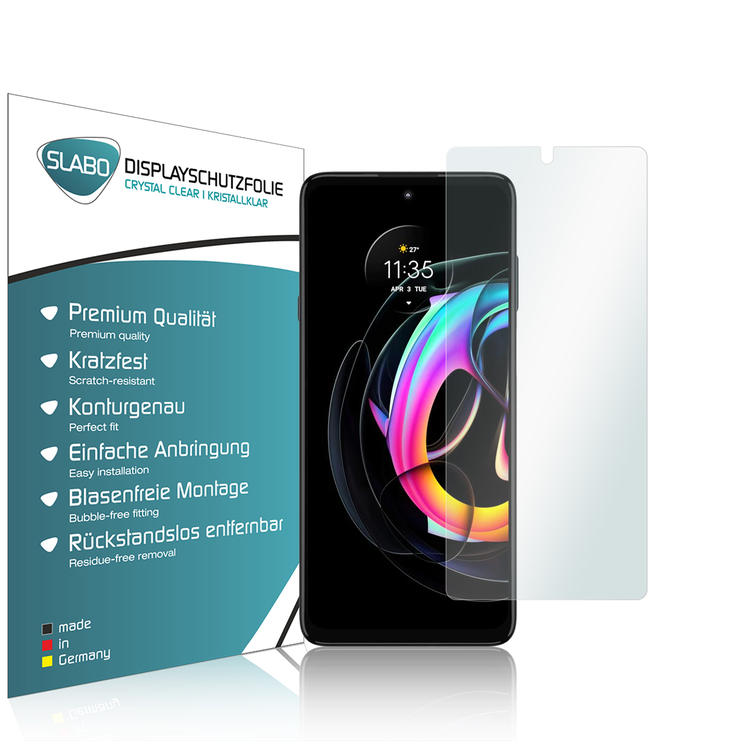 Ein Smartphone mit Displayschutzfolie und der Box. Der Bildschirm zeigt Zeit und Datum.