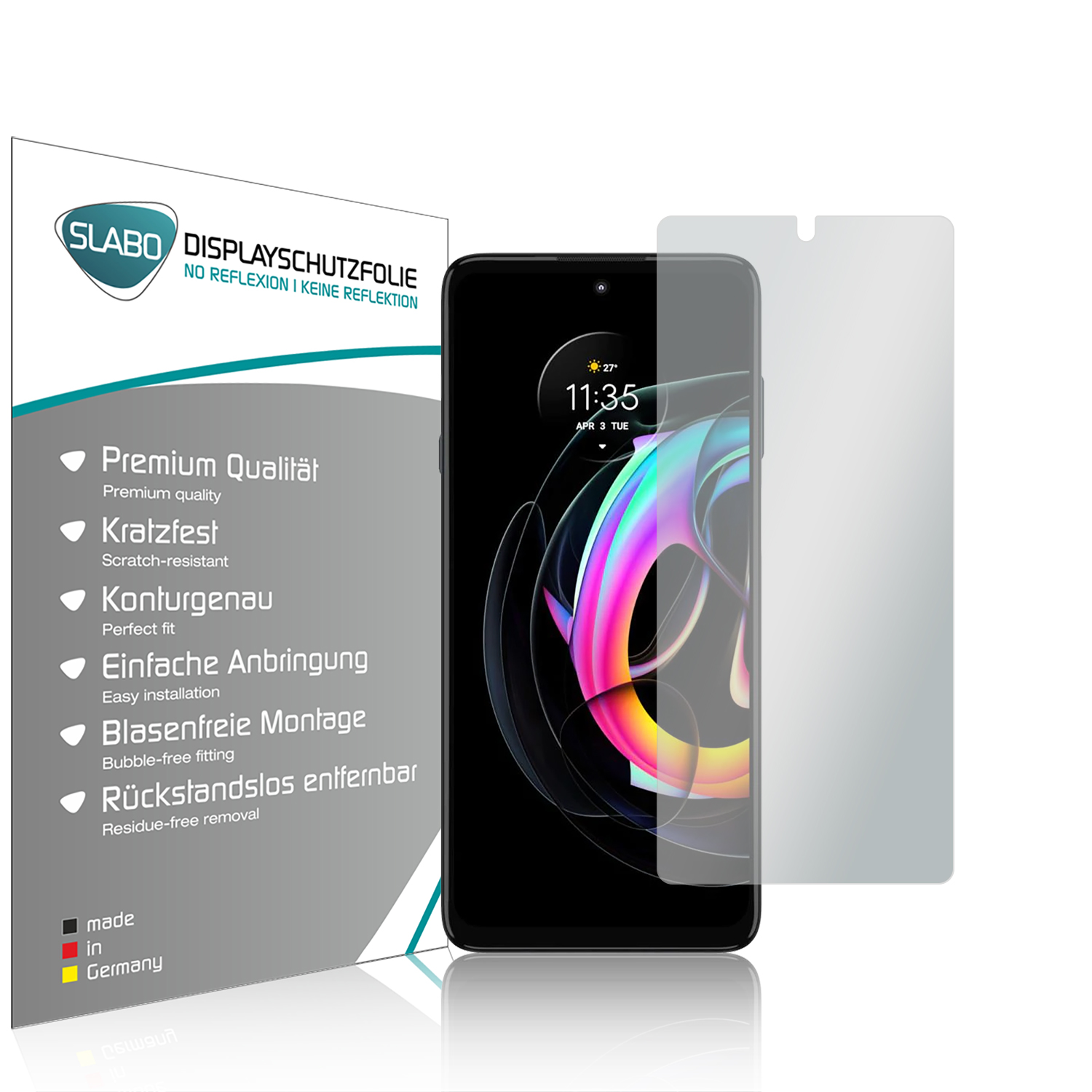 Handy-Displayschutz mit Handy, Text und Schutzfolie zeigend.