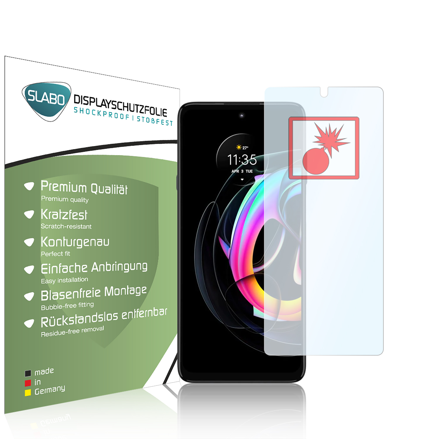 Telefon mit Displayschutzfolie. Texte links. Rotes Explosionssymbol. Schwarzes Telefon.