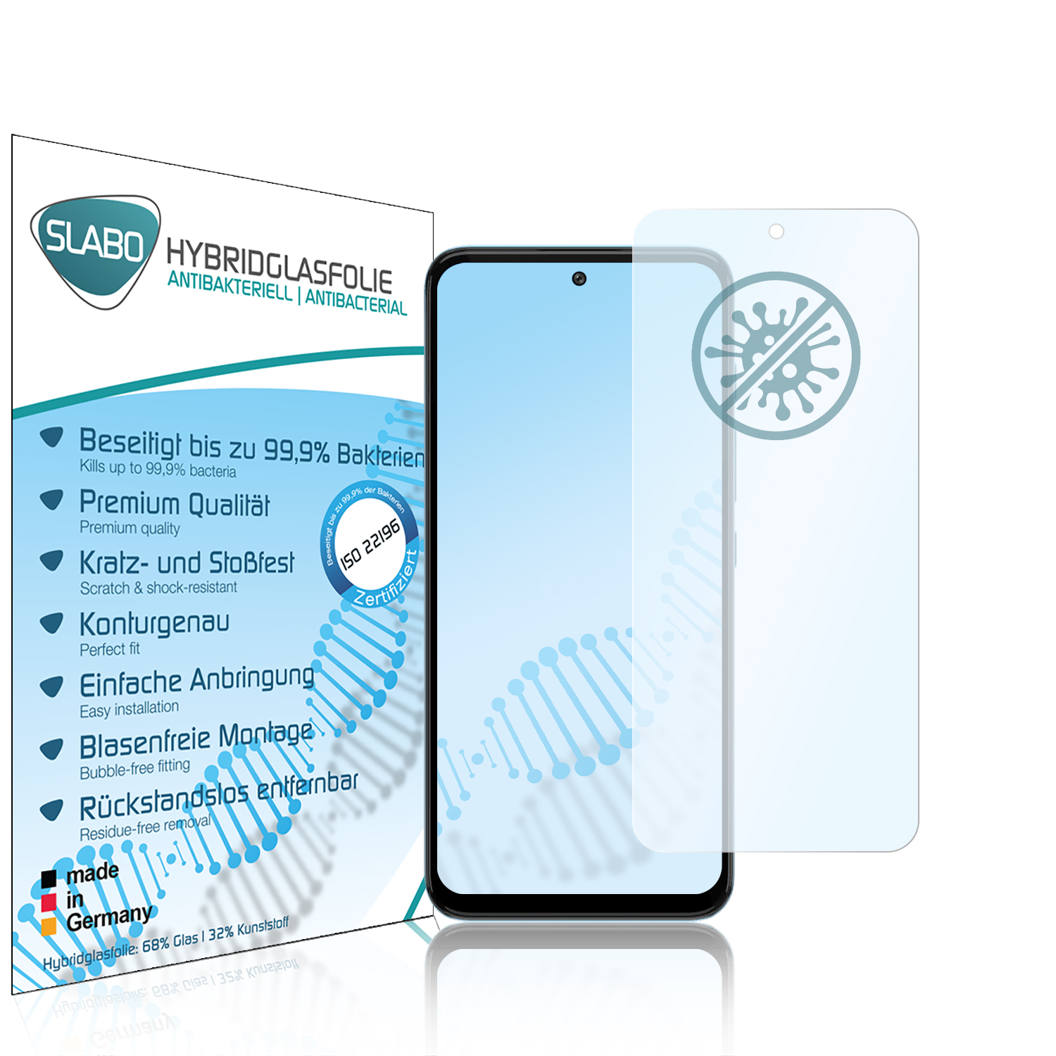 Eine Handy-Displayschutzfolienbox und ein Schutz. Die Box hat einen Telefonumriss und Text. Der Protektor ist transparent.