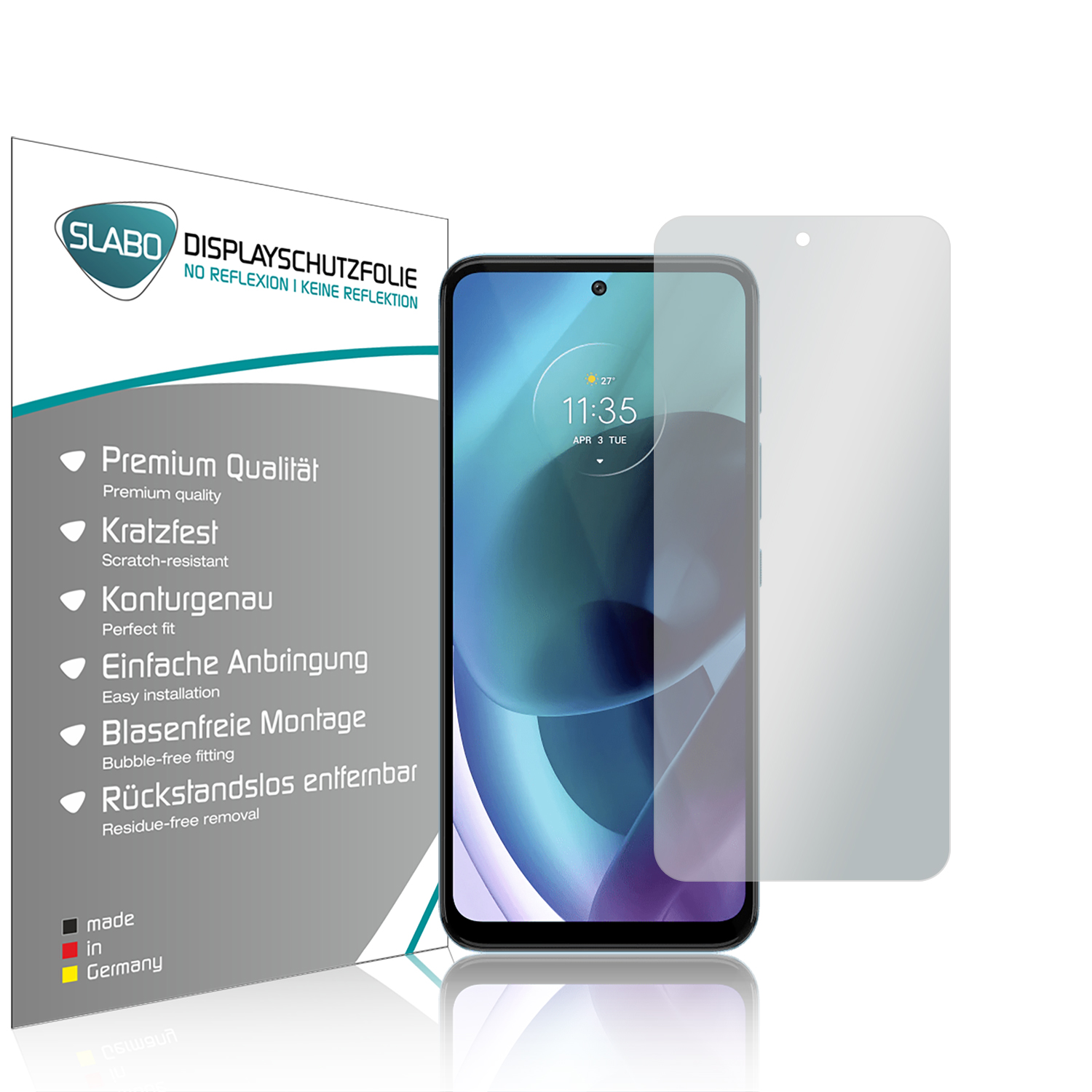 Smartphone mit Displayschutzfolie, Box im Hintergrund. Die Folie ist transparent.