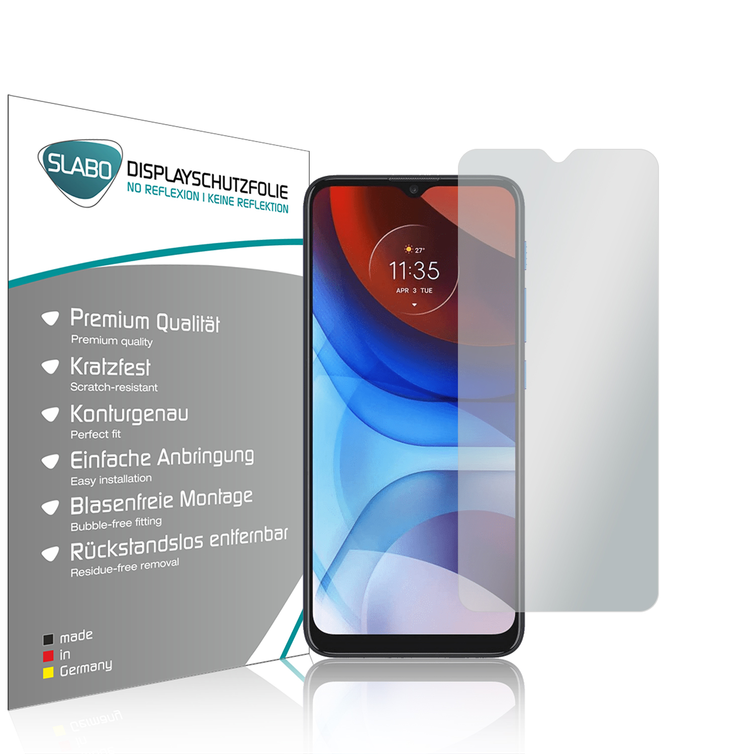 Smartphone mit Displayschutzfolienverpackung, zeigt Telefon und Folie.