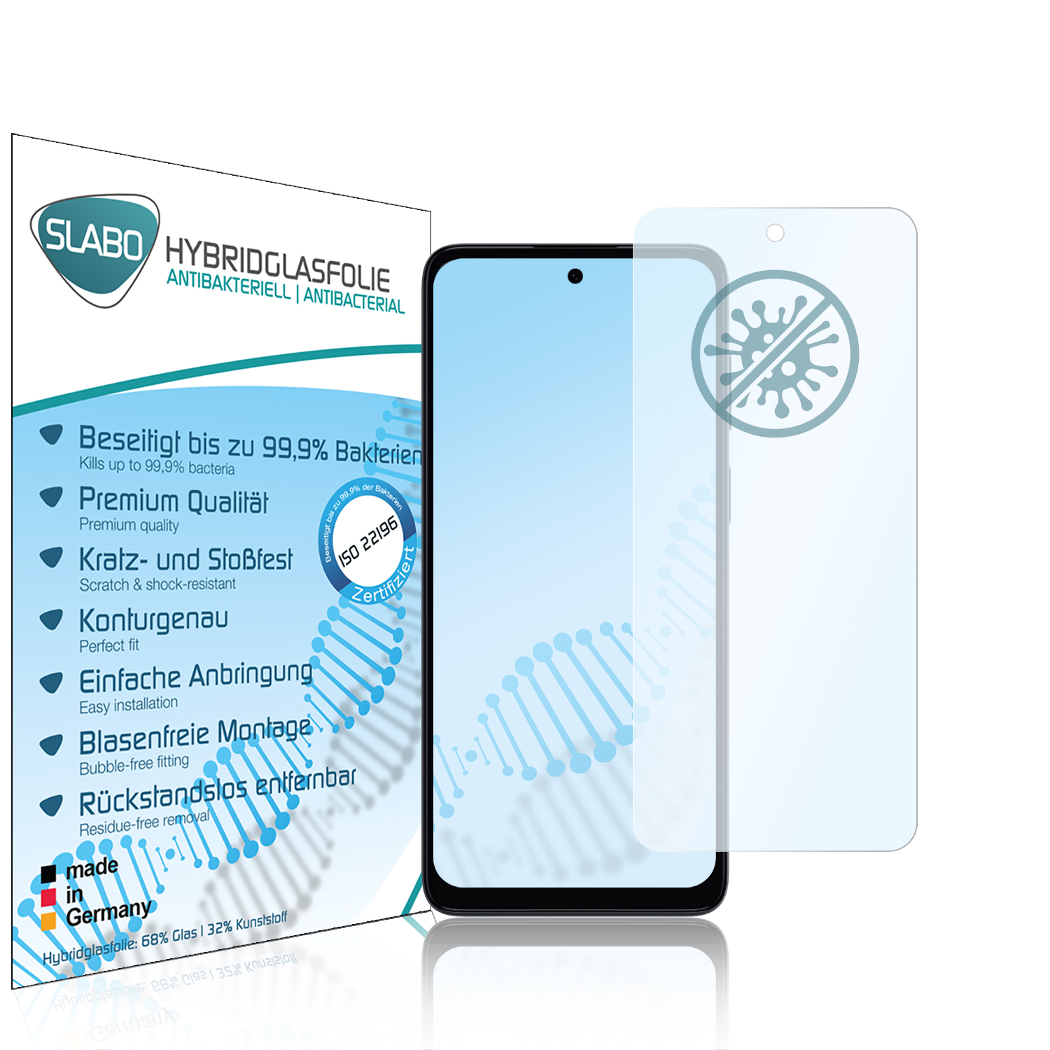 Verpackung für Displayschutzfolie und ein Telefon mit Displayschutzfolie.