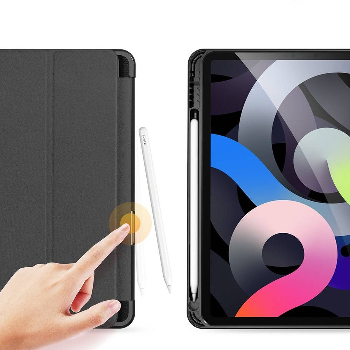 Das iPad mit Hülle und Stift. Der Stift wird aus der Hülle entnommen.