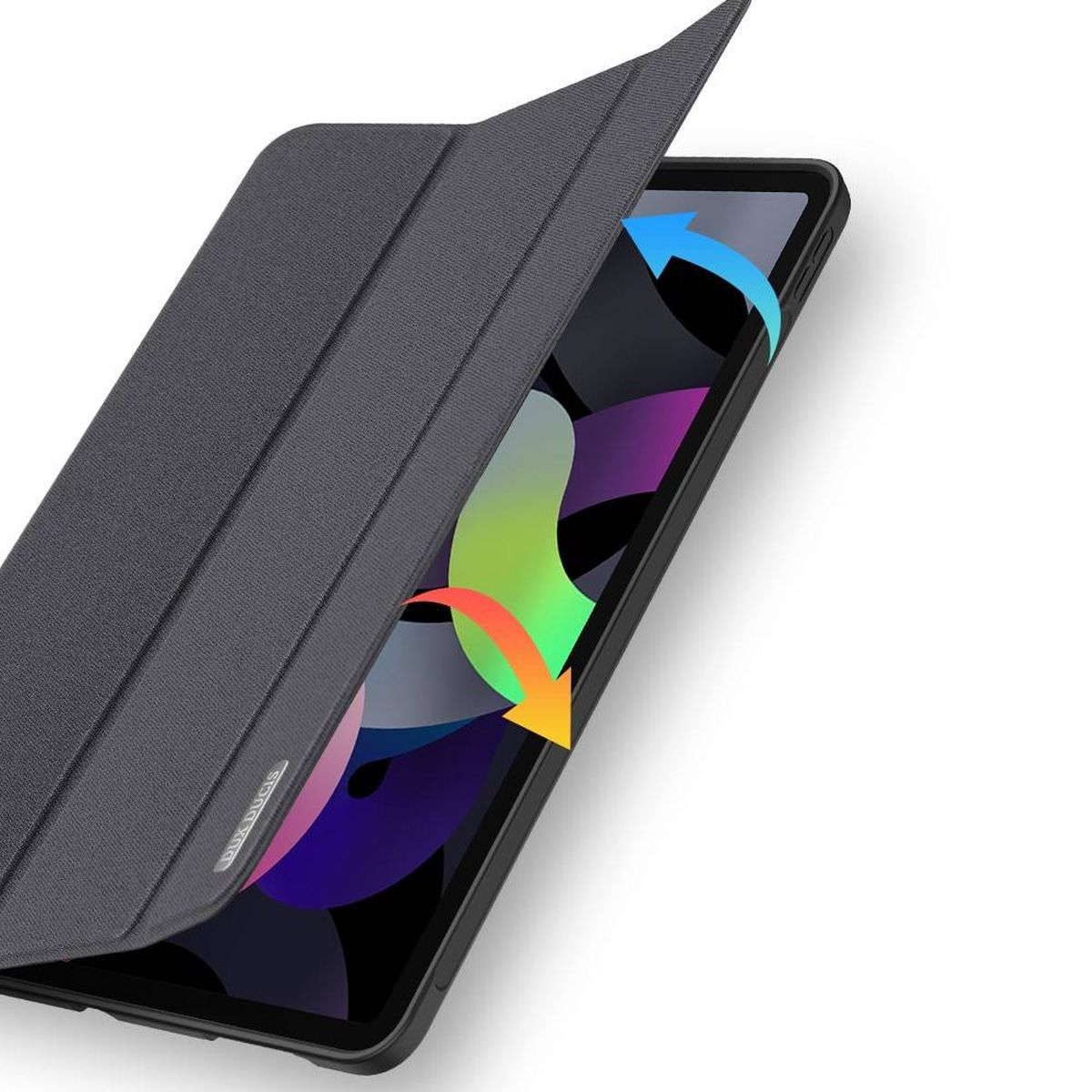 iPad-Hülle wird geöffnet, Bildschirm wird sichtbar. Pfeile zeigen Schließen/Öffnen.