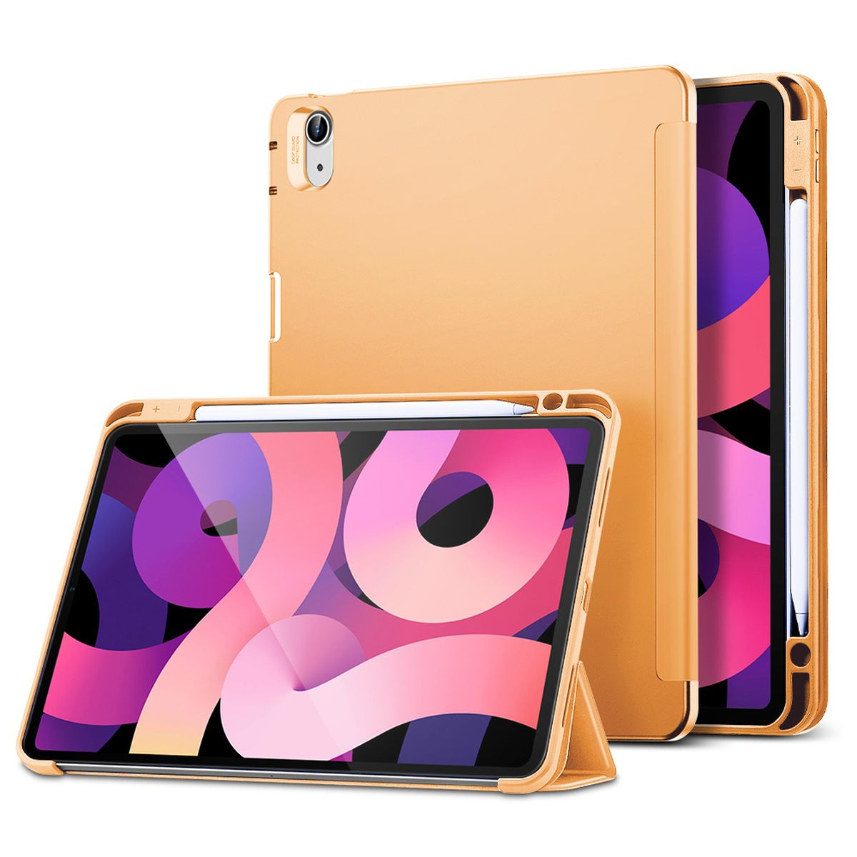 Goldene Tablet-Hülle, offen, mit Tablet darin und einem Stift an der Seite.