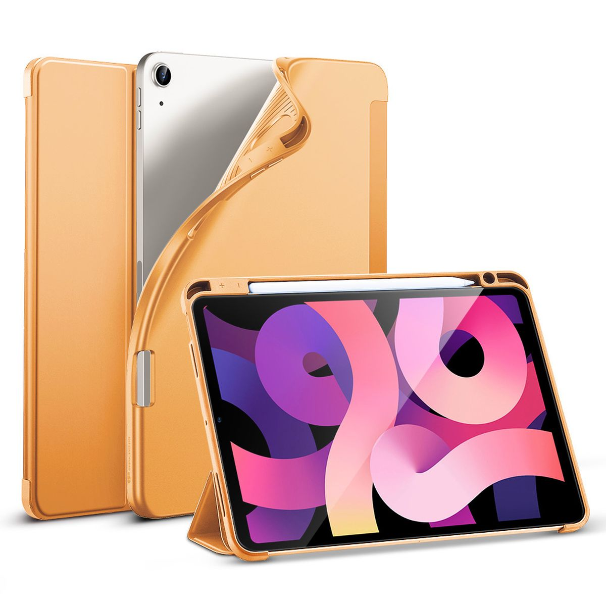 Ein goldfarbenes iPad Air-Case mit iPad und ein anderes geöffnet. Oranger Hintergrund.