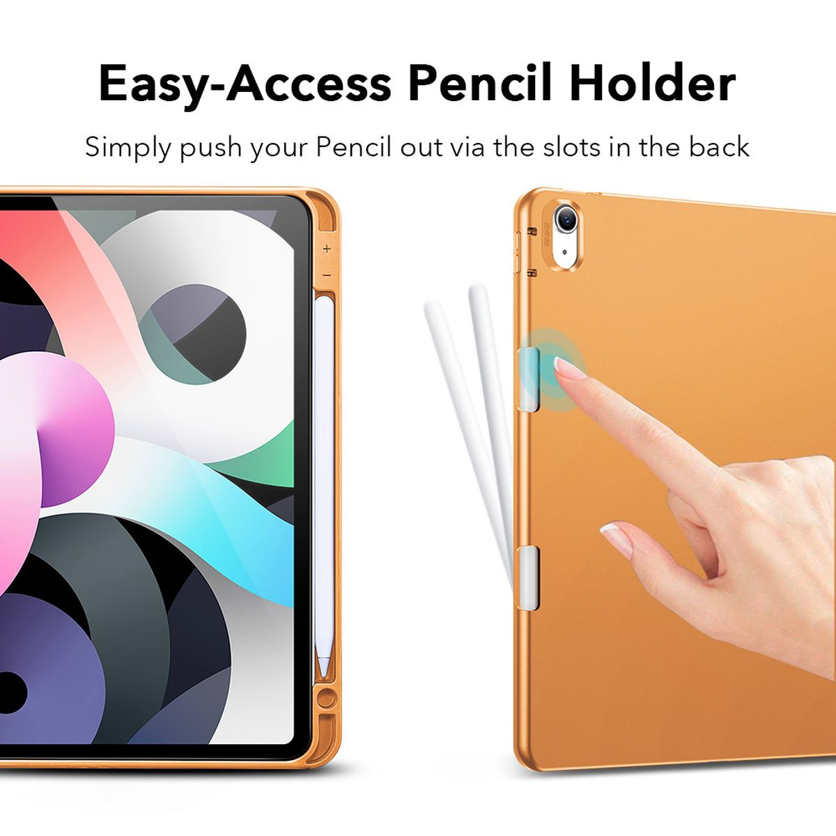 Ein iPad mit Stift und Hülle, mit einer Hand, die die Stiftentfernung demonstriert.