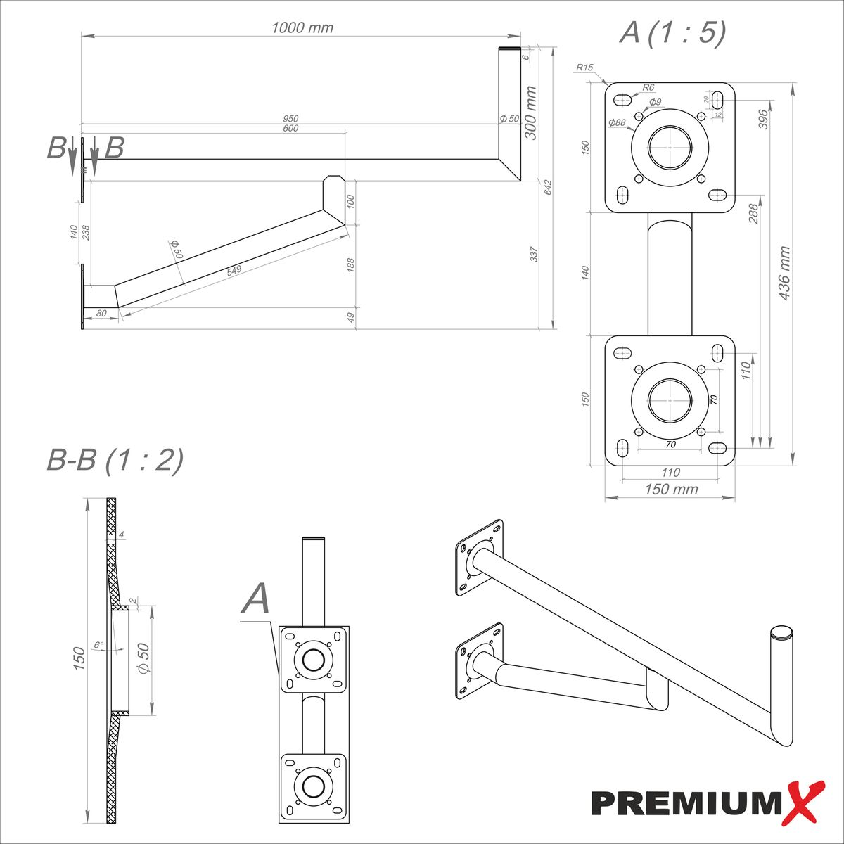 Technische Zeichnung mit Montagehardware. Messungen und Abmessungen sind angegeben.