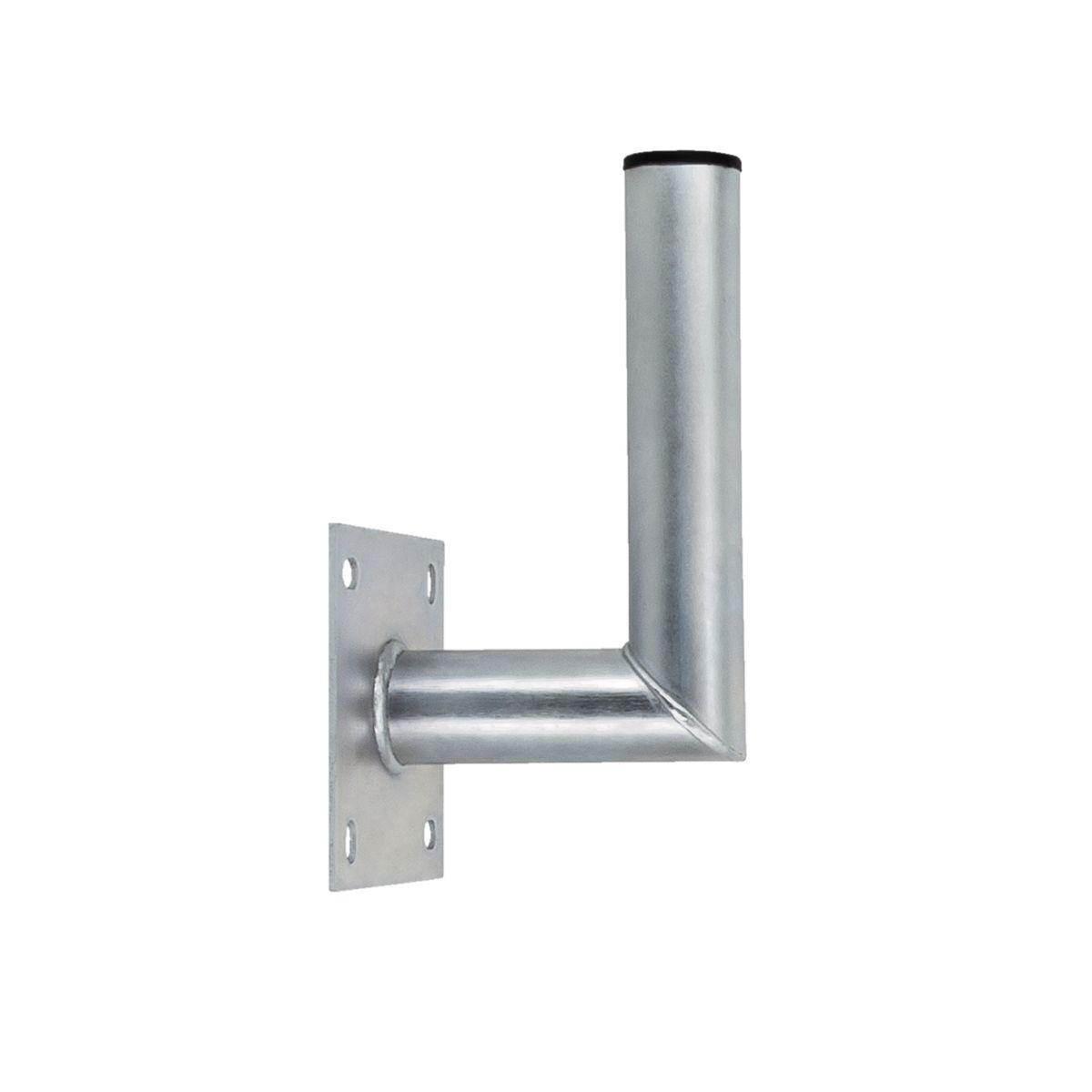 Eine silberne Antennenhalterung, abgewinkelt, mit quadratischer Basis und zylindrischem Arm.