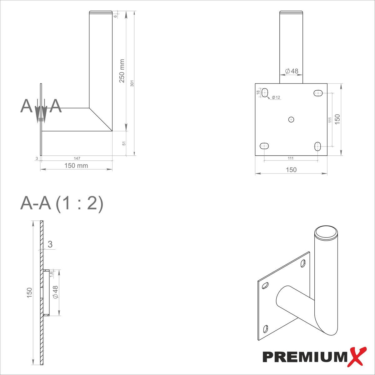 PREMIUMX Wand 10-15cm SAT-Wandhalterung, Stahl Halterung Wandhalter Silber SAT verzinkt