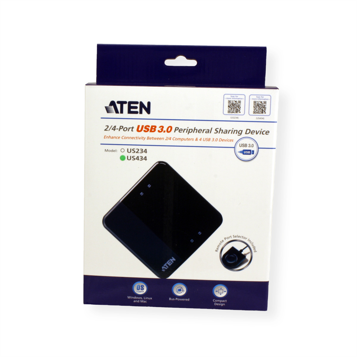 Een zwarte ATEN 2/4-poorts USB 3.0 randapparatuur sharing device box, met een zwart apparaat erin.