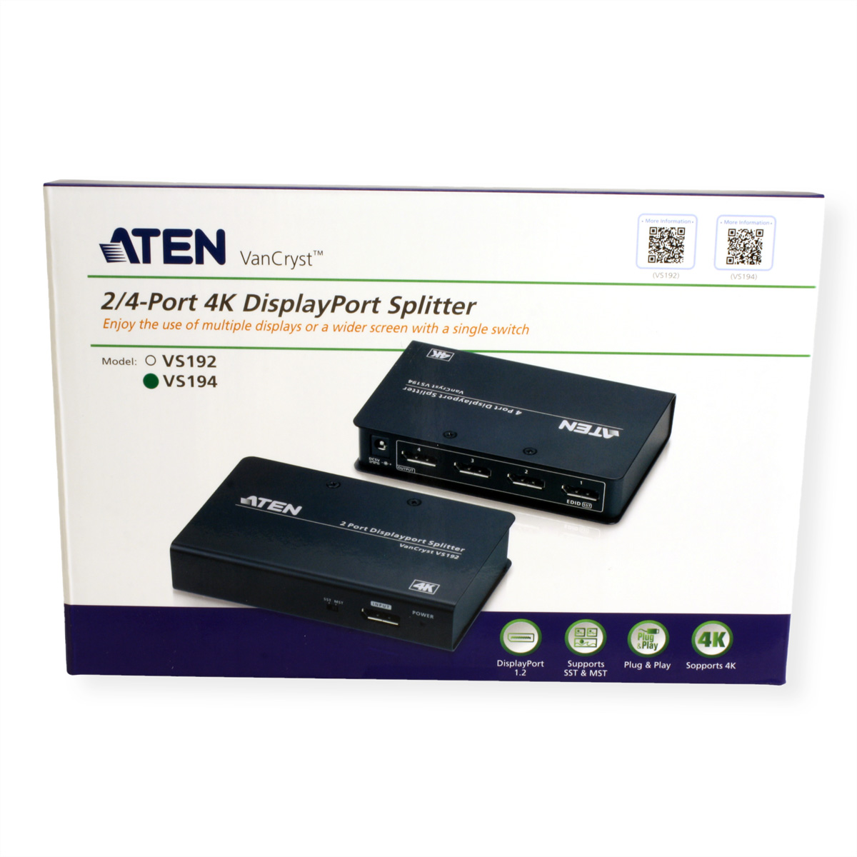Eine weiße Box mit einem schwarzen Displayport-Splitter und Text.
