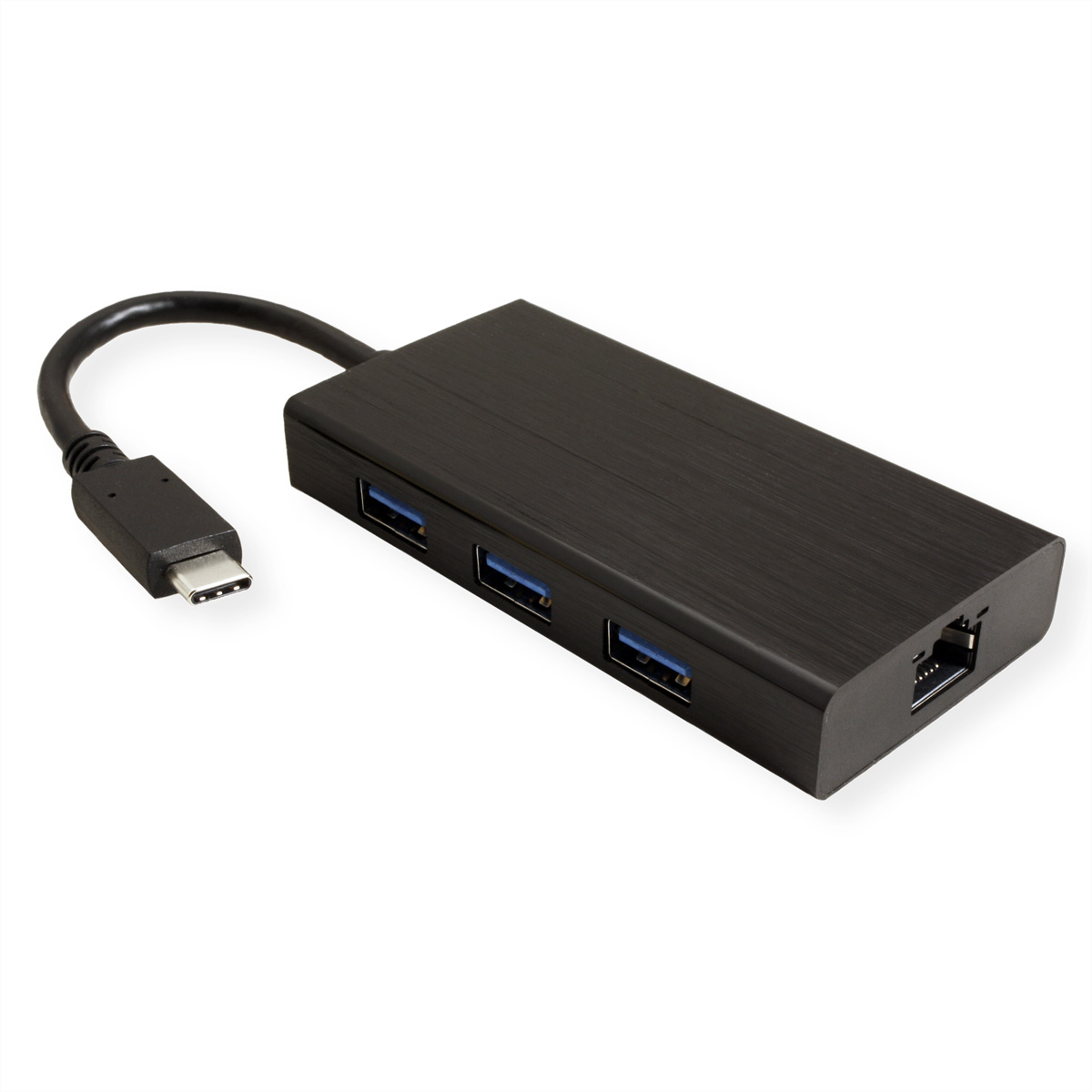 Schwarzer USB-Hub mit vier USB-Anschlüssen und einem USB-C-Anschluss.