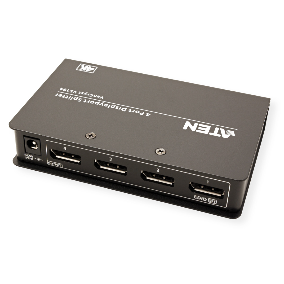 Ein schwarzer 4-Port-HDMI-Splitter auf weißer Oberfläche. Er hat Ein-/Ausgänge und den Markennamen ATEN.