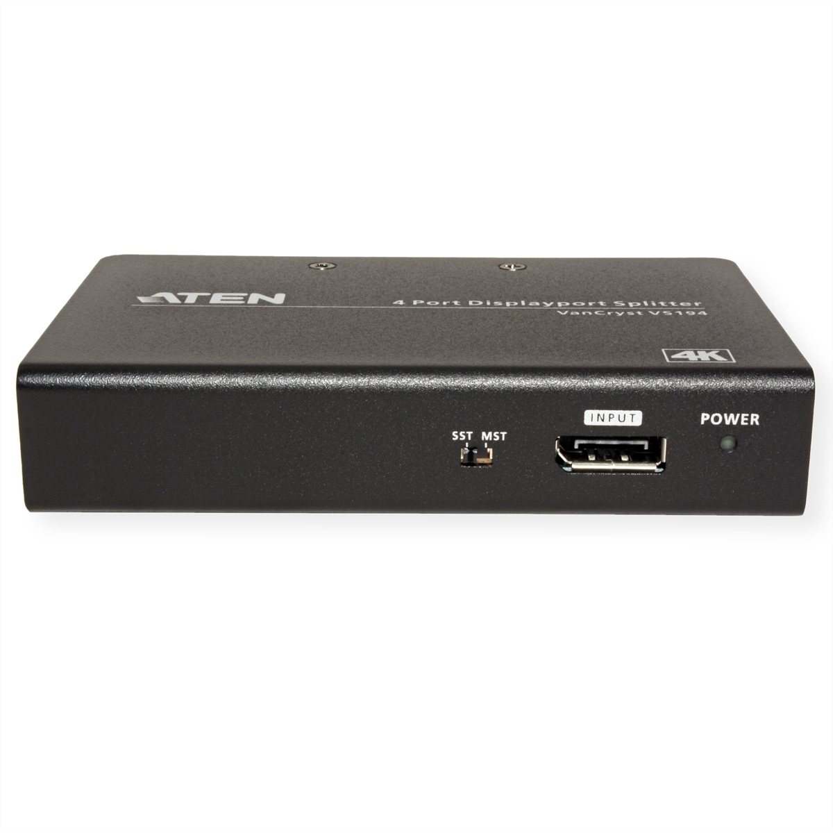 Schwarzer 4-Port DisplayPort-Splitter mit Eingangs- und Stromanschlüssen.