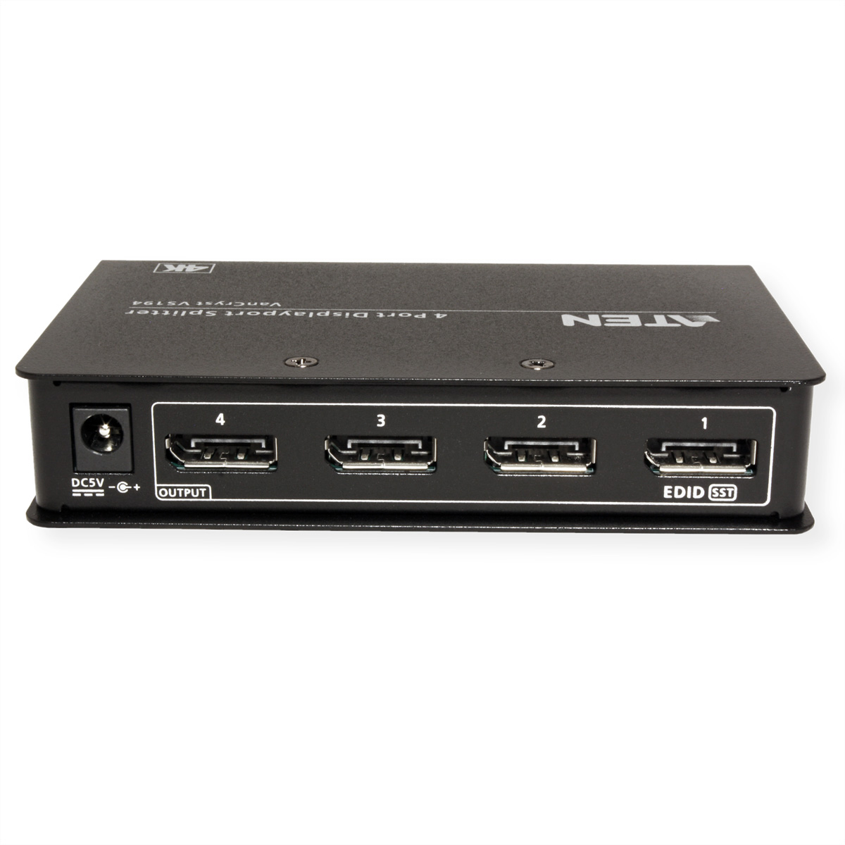 Schwarzer 4-Port-HDMI-Splitter mit den Anschlüssen 1-4 und einem DC-Eingang.