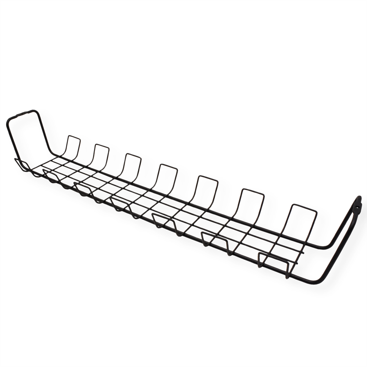Schwarzes Metallgestell. Verfügt über eine Reihe von erhöhten Stangen.