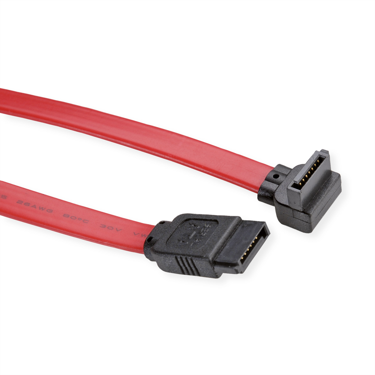 Câble SATA rouge avec connecteurs noirs, vue rapprochée.