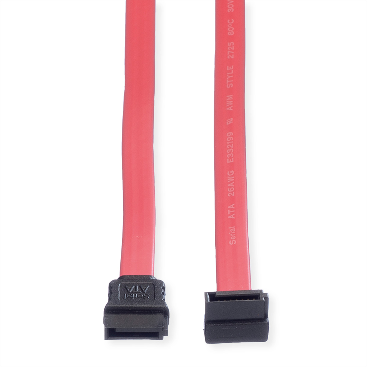 Un câble SATA rouge avec des connecteurs noirs aux deux extrémités. Il est utilisé pour connecter des appareils dans un ordinateur.