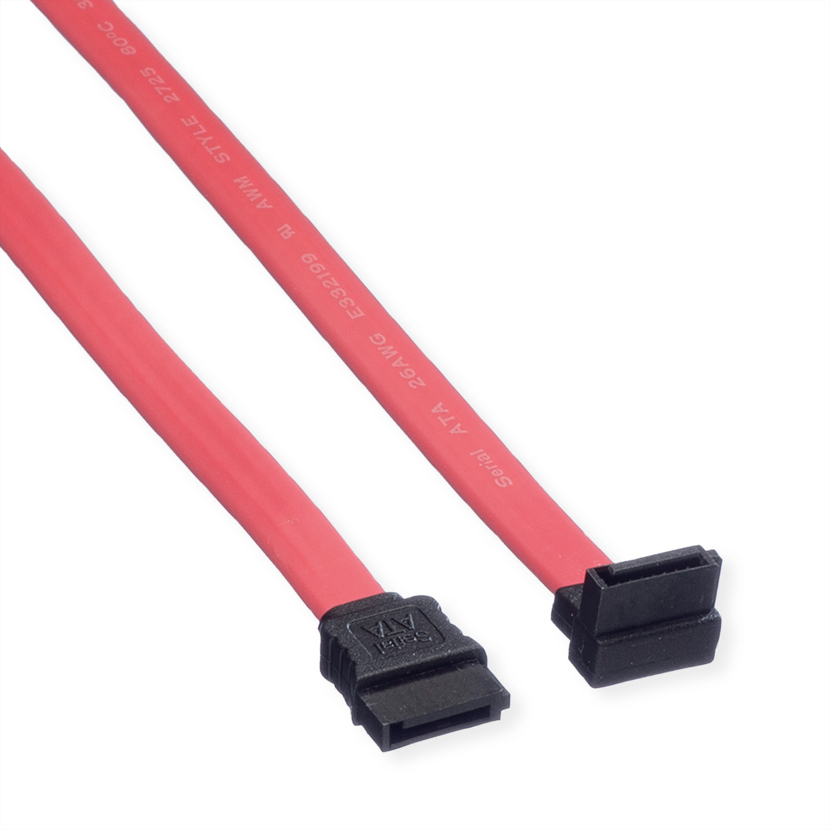 Câble SATA rouge avec connecteurs noirs. Le câble est rouge et flexible.